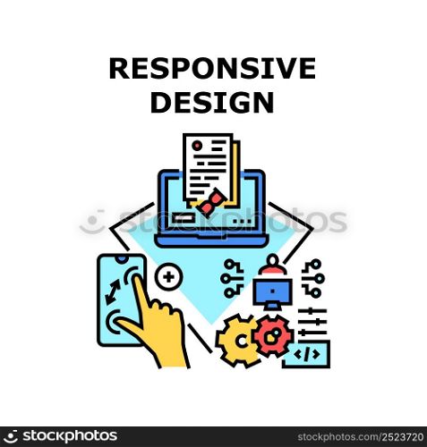 Responsive Design Vector Icon Concept. Responsive Design Develop Programmer On Computer For Possibility Zooming Picture On Smartphone And Uploading Document In Internet Color Illustration. Responsive Design Vector Concept Illustration
