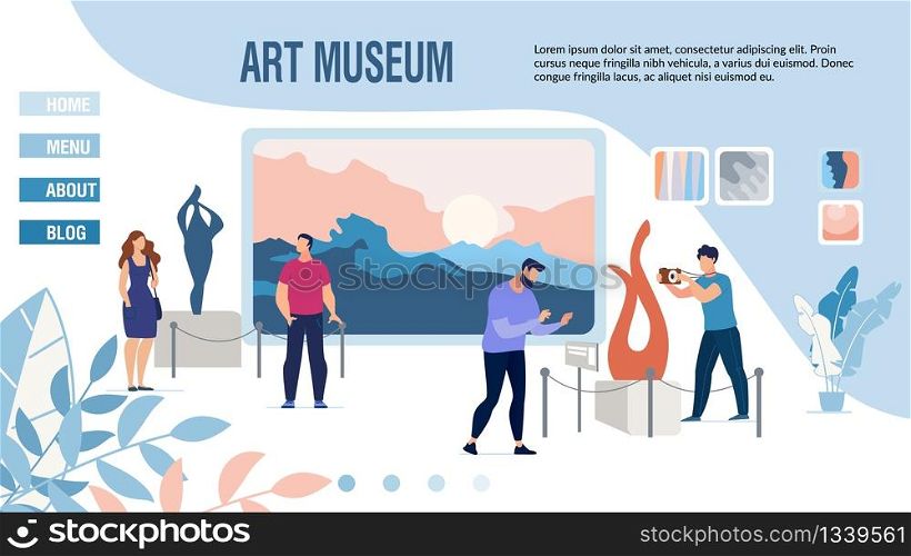 Responsive Landing Page Inviting to Museum of Modern Art. People Visitors Enjoy View on Contemporary Sculpture Composition Abstract Paintings on Wall, Photographing. Vector Illustration
