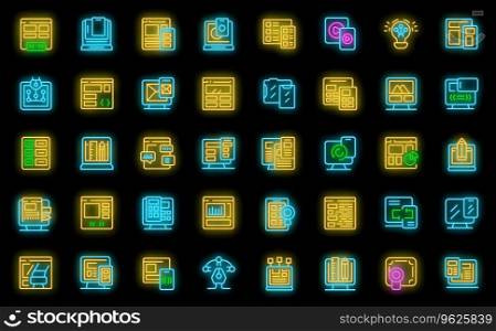 Responsive web design icons set outline vector. Digital content. Mobile user neon color on black. Responsive web design icons set vector neon