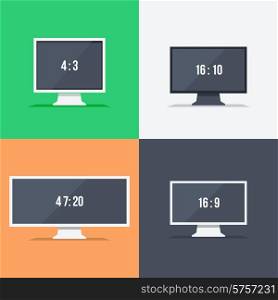 Responsive web design on monitors with different aspect ratio size 4:3 16:10 47:20 16:9 in flat design. Set for web and mobile applications