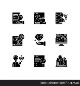 Responsive website design black glyph icons set on white space. Usability evaluation. Web analytics. User experience. Creative thinking. Silhouette symbols. Vector isolated illustration. Responsive website design black glyph icons set on white space