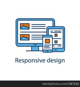 Responsive website design color icon. Web design. Site construction for mobile phone, tablet and desktop pc. Website development. Web applications for different devices. Isolated vector illustration. Responsive website design color icon