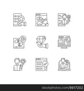 Responsive website design linear icons set. Usability evaluation. Web analytics. Findable, valuable site. Customizable thin line contour symbols. Isolated vector outline illustrations. Editable stroke. Responsive website design linear icons set