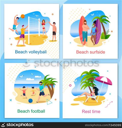 Rest and Active Time on Beach Cartoon Cards Set. Volleyball, Football, Surfside and Resting Zone. Summer Vacation and Recreation Outdoors. Vector Active People Having Fun Isolated Illustration. Rest and Active Time on Beach Cartoon Cards Set