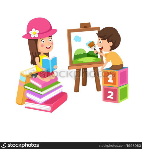 Rest and hobby of children painting and reading book vector