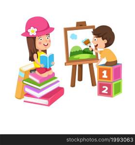 Rest and hobby of children painting and reading book vector