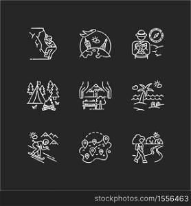 Rest and travel chalk white icons set on black background. Types of tourism, vacation activities. Holiday adventure, seasonal trip. Active recreation. Isolated vector chalkboard illustrations. Rest and travel chalk white icons set on black background