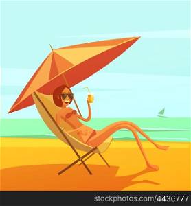Rest At Sea Illustration. Rest at sea background with woman in a chaise lounge drinking cocktail cartoon vector illustration