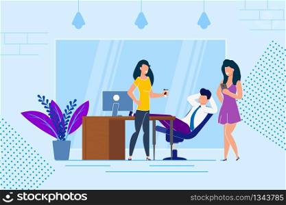 Rest at Work with Coffee Vector Illustration. Man in Business Suit Leaned Back his Chair and Rested During Coffee Break. Employees Drink Coffee and Talk, Expressing Joy Cartoon Flat.