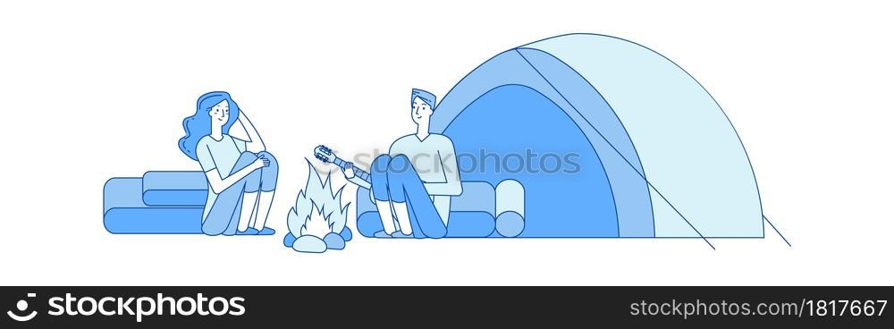 Rest in camp. Guy girl tourists, local tourism and travel around country. Romantic date, guy plays girl on guitar vector illustration. Travel and adventure, woman and man tourist characters. Rest in camp. Guy girl tourists, local tourism and travel around country. Romantic date, guy plays girl on guitar vector illustration