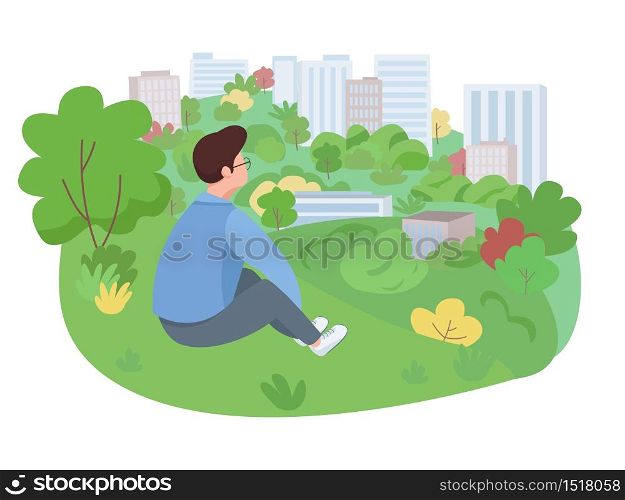 Rest in park semi 2D vector web banner, poster. Man sitting on meadow flat character on cartoon background. City recreation, outing, summertime leisure printable patches, colorful web elements