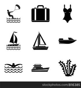 Rest on sailboat water icons set. Simple set of 9 rest on sailboat water vector icons for web isolated on white background. Rest on sailboat water icons set, simple style