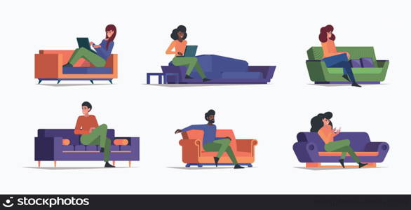 Rest on sofa. Characters relaxing on couch lazy people sleeping persons garish vector flat illustrations. Character sitting and relax on sofa, comfortable leisure. Rest on sofa. Characters relaxing on couch lazy people sleeping persons garish vector flat illustrations