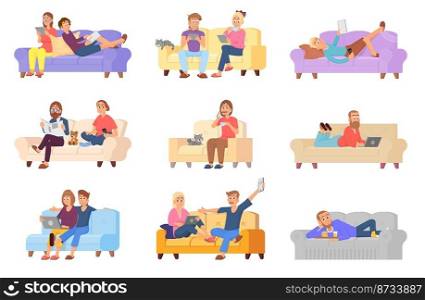 Rest on sofa people. Resting couple, man woman relax and eating, watch tv. Cartoon characters leisure at home on couch, reading and drinking, decent vector set of couple sofa comfortable illustration. Rest on sofa people. Resting couple, man woman relax and eating, watch tv. Cartoon characters leisure at home on couch, reading and drinking, decent vector set
