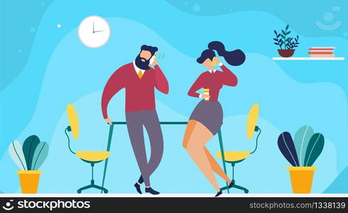 Rest Time or Coffee Break in Office Flat Cartoon. Vector Man and Woman, Coworkers, Employees Having Personal Call to Relatives via Smartphone during Work Pause Illustration. Time Management. Rest Time or Coffee Break in Office Flat Cartoon