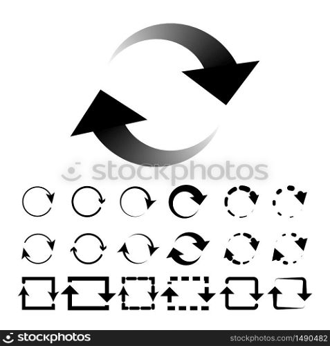 Restart Arrows Interface Button Signs Set Vector. Collection Of Circular Restart, Refresh, Reload Or Research Mark In Round And Square Form. Cyclic Symbol Concept Template Illustrations. Restart Arrows Interface Button Signs Set Vector