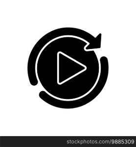 Restart black glyph icon. Media player interface element, play again button. Digital entertainment silhouette symbol on white space. Computer or mobile game retry sign. Vector isolated illustration. Restart black glyph icon