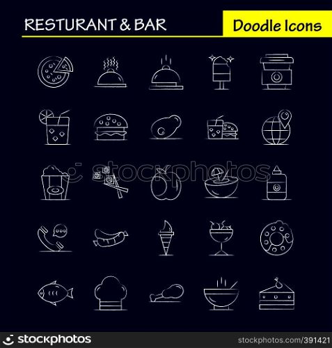 Restaurant And Bar Hand Drawn Icon for Web, Print and Mobile UX/UI Kit. Such as: Telephone, Phone, Chat, Hotel, World, Map, Location, Hotel, Pictogram Pack. - Vector