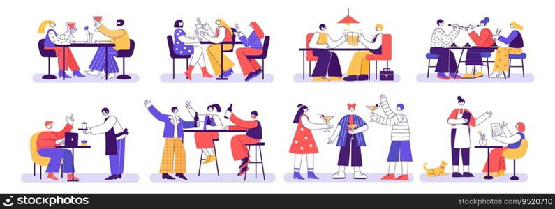 Restaurant and Cafe visitors. People eat and drink at restaurant tables together, enjoying meeting and celebration. Geometric vector illustration set of restaurant cafe with visitor. Restaurant and Cafe visitors. People eat and drink at restaurant tables together, enjoying meeting and celebration. Geometric vector illustration set