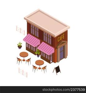 Restaurant and cafeteria interior isometric composition with isolated image of cafe building with outdoor seats vector illustration. Cafe Building Isometric Composition