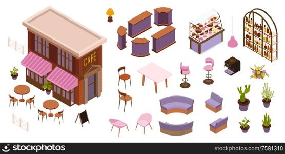 Restaurant and cafeteria interior isometric set of furniture bar counter showcase and cafe building vector illustration
