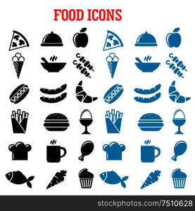 Restaurant and fast food flat icons with pizza sausages burger coffee cup cake chicken egg ice cream hot dog french fries apple fish carrot croissant. Restaurant and fast food flat icons
