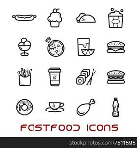 Restaurant and fast food thin line icons with pizza and sausage, burger and coffee cup, cake and chicken, tacho and ice cream, hot dog and french fries, donut and sushi, tea and soda, juice and popcorn. Restaurant and fast food thin line icons