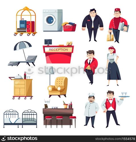 Restaurant and hotel staff and furniture vector reception desk and receptionist chef and waiter tray and recliner with umbrella porter and maid laundry and bar security and baggage bed and armchair.. Hotel staff and furniture restaurant and rooms isolated objects and characters
