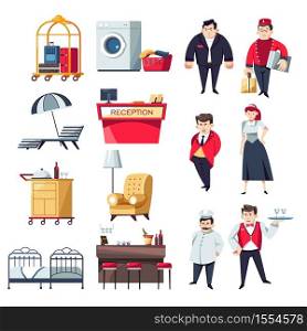 Restaurant and hotel staff and furniture vector reception desk and receptionist chef and waiter tray and recliner with umbrella porter and maid laundry and bar security and baggage bed and armchair.. Hotel staff and furniture restaurant and rooms isolated objects and characters