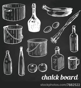 Restaurant and kitchen related symbols on tiled background on chalk tiled wall.