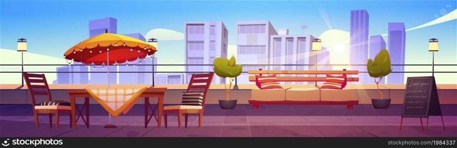 Restaurant at rooftop terrace on city view background. Empty patio with table, chairs and chalkboard menu on skyscraper roof. Outdoor cafe area for relax or recreation, Cartoon vector illustration. Restaurant at rooftop terrace on city background