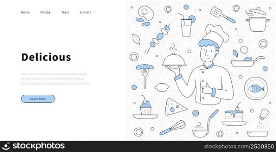 Restaurant banner with doodle food and man in chef hat with dish. Vector landing page of delicious culinary with hand drawn icons of pizza, cake, drink, fish and fried egg. Restaurant banner with delicious food and chef