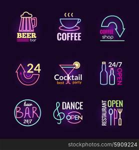 Restaurant bar and dance club neon signs set isolated vector illustration. Neon Signs Set