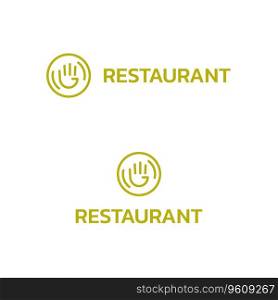 Restaurant business logo with brand name. Welcoming hands and plate icon. Gold color creative design element. Visual identity. Suitable for food chain, bar, restaurant, eatery.. Restaurant text with welcoming hands and plate logo