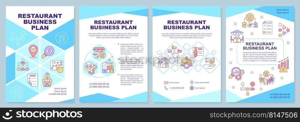 Restaurant business plan brochure template. Increasing revenue. Leaflet design with linear icons. Editable 4 vector layouts for presentation, annual reports. Arial-Black, Myriad Pro-Regular fonts used. Restaurant business plan brochure template
