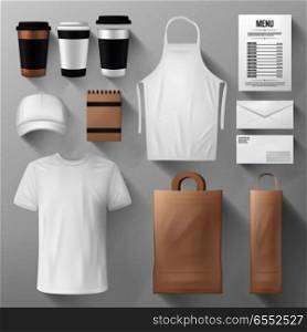 Restaurant, cafe and coffee shop corporate identity. Mockup template of food package, menu, paper cup and bag, uniform apron, t-shirt and cap, notebook and envelope for business branding design. Restaurant and cafe corporate identity template