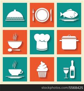 Restaurant cafe icons set of cooking hat dish kitchen stuff isolated vector illustration