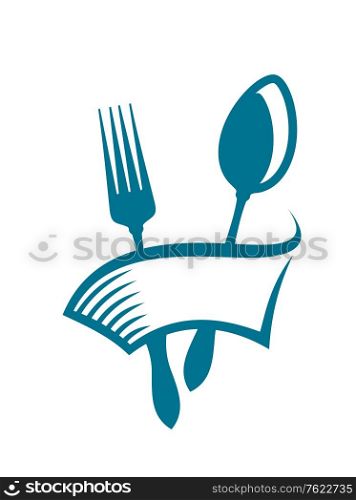 Restaurant, cafeteria or eatery icon with a blank banner wrapping around a spoon and fork