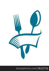 Restaurant, cafeteria or eatery icon with a blank banner wrapping around a spoon and fork