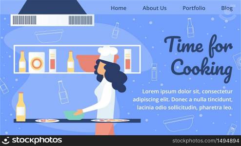 Restaurant, Cafeteria or Pizzeria Flat Vector Web Banner or Landing Page Template with Restaurant Female Chef in Toque Blanche Hat Preparing Ingredients for Pizza, Cooking on Kitchen Illustration