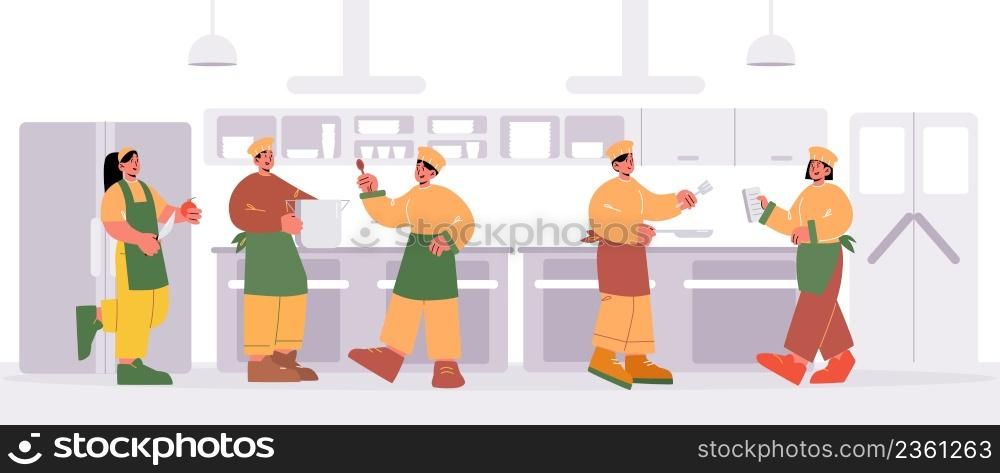 Restaurant chefs cooking on kitchen. Cafe staff characters team wear toques and uniform work together in cafeteria, hospitality service profession men and women Line art people vector illustration. Restaurant chefs cooking menu meals on kitchen