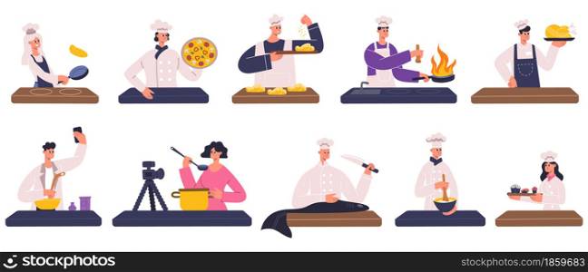 Restaurant chefs, cooks, food bloggers cooking dishes. Restaurant chefs, food bloggers, culinary show portraits vector Illustration set. Cooking people avatars. Cook restaurant and culinary. Restaurant chefs, cooks, food bloggers cooking dishes. Restaurant chefs, food bloggers, culinary show participant portraits vector Illustration set. Cooking people avatars