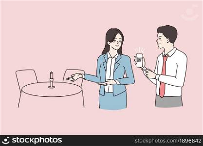Restaurant client show vaccination QR code on smartphone to waitress. Hostess look at health passport in cellphone. Vaccinated people allowed. Eating in. Flat vector illustration, no license fee. . Waitress look at restaurant client QR vaccination code
