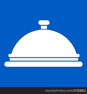 Restaurant cloche icon white isolated on blue background vector illustration. Restaurant cloche icon white