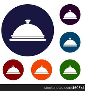 Restaurant cloche icons set in flat circle reb, blue and green color for web. Restaurant cloche icons set