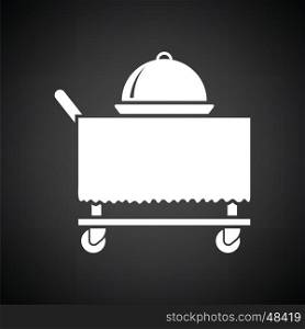 Restaurant cloche on delivering cart icon. Black background with white. Vector illustration.