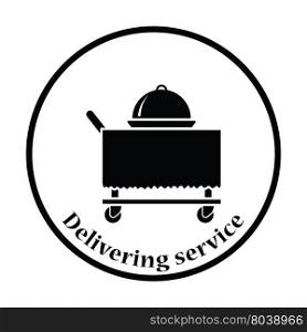 Restaurant cloche on delivering cart icon. Thin circle design. Vector illustration.