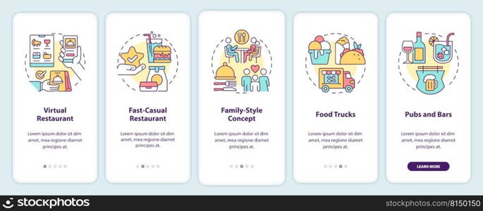 Restaurant concepts onboarding mobile app screen. Pubs and bars walkthrough 5 steps editable graphic instructions with linear concepts. UI, UX, GUI template. Myriad Pro-Bold, Regular fonts used. Restaurant concepts onboarding mobile app screen
