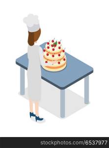 Restaurant. Confectioner Standing near Big Cake. Restaurant. Confectioner standing near blue table with huge cake. Pastry Woman in white clothes, blue shoes and high hat is going to take five-tiers cake decorated with cherries. Flat design. Vector