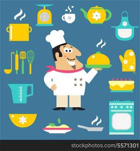 Restaurant cousine chef serving hot dishes and kitchen items set of pot scale cup tea and apron vector illustration